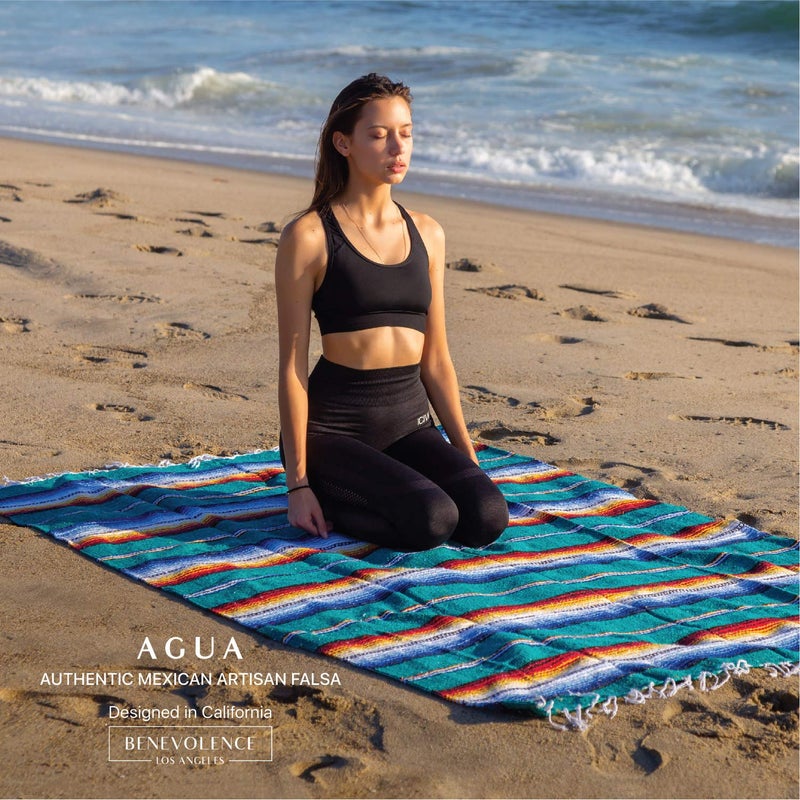 Benevolence LA Mexican Blanket, Authentic Handwoven Yoga Blanket & Outdoor Blanket, Made by Traditional Mexican Artisans, Saddle Blanket, Beach Blanket, Picnic Blanket, & Car Blanket 75 x 52 - Agua - Image 2