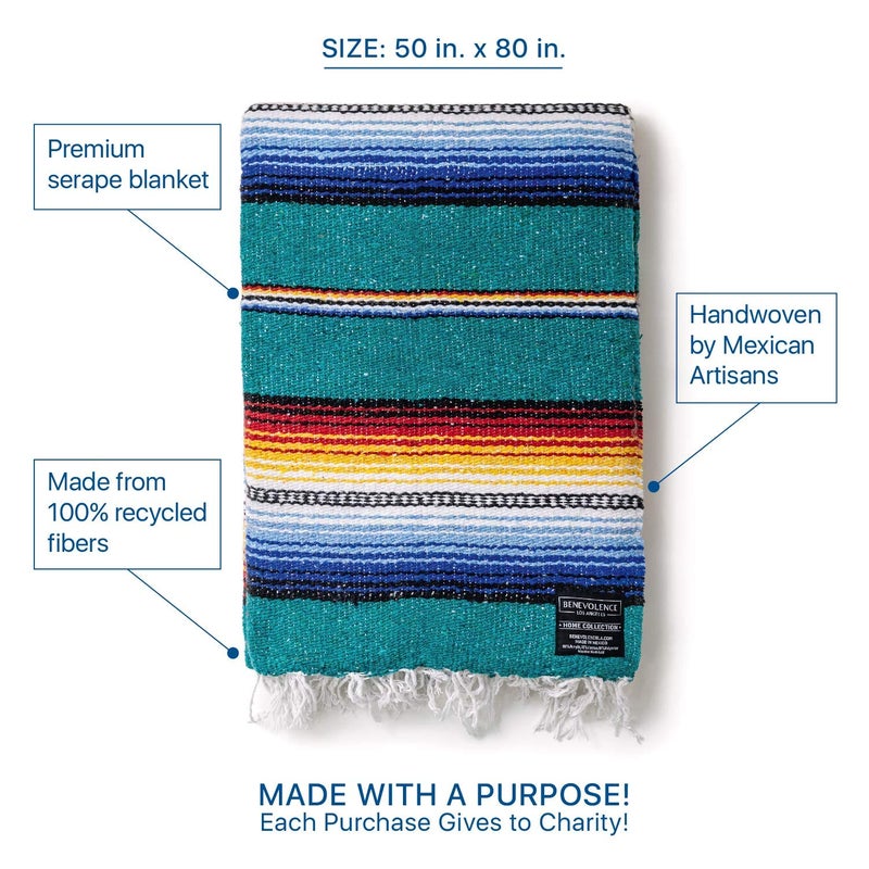 Benevolence LA Mexican Blanket, Authentic Handwoven Yoga Blanket & Outdoor Blanket, Made by Traditional Mexican Artisans, Saddle Blanket, Beach Blanket, Picnic Blanket, & Car Blanket 75 x 52 - Agua - Image 4