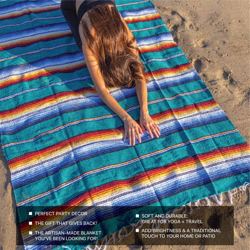 Benevolence LA Mexican Blanket, Authentic Handwoven Yoga Blanket & Outdoor Blanket, Made by Traditional Mexican Artisans, Saddle Blanket, Beach Blanket, Picnic Blanket, & Car Blanket 75 x 52 - Agua - Image 3