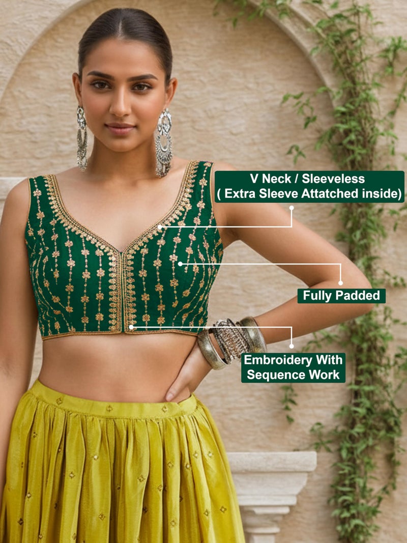 TRENDMALLS Women's Dhupion Silk Embroidery Sequence Work Blouse Choli Stylish Saree Blouse Ready to Wear (B12-DarkGreen-Free) - Image 4