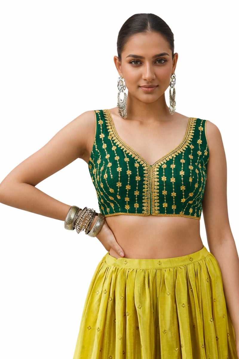 TRENDMALLS Women's Dhupion Silk Embroidery Sequence Work Blouse Choli Stylish Saree Blouse Ready to Wear (B12-DarkGreen-Free) - Image 1