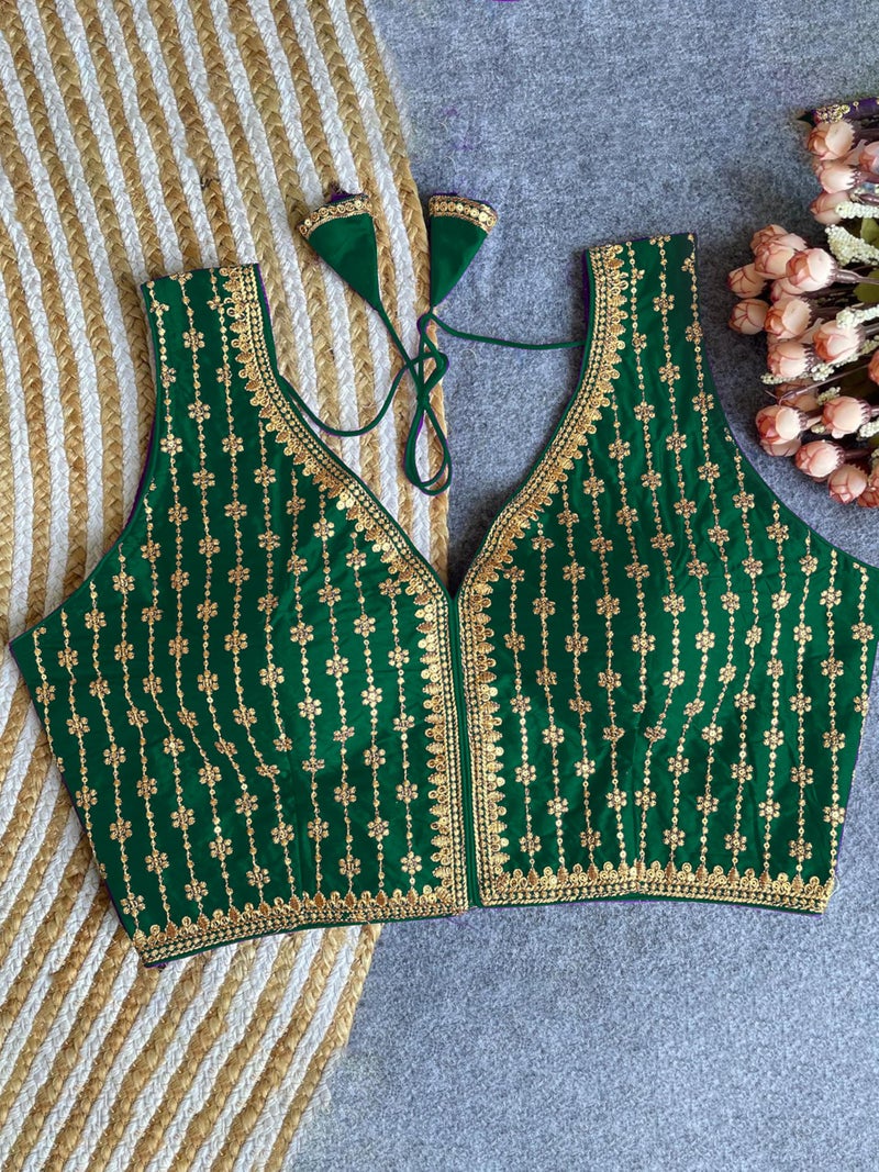 TRENDMALLS Women's Dhupion Silk Embroidery Sequence Work Blouse Choli Stylish Saree Blouse Ready to Wear (B12-DarkGreen-Free) - Image 2