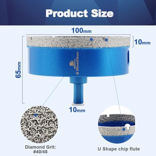 BRSCHNITT Dry Diamond Core Drill Bit,BRSCHNITT 4 Inch 100mm Diamond Hole Saw Core Drill Bit with Triangle Shank for Porcelain Tile Ceramic Stone Granite Marble - Image 2