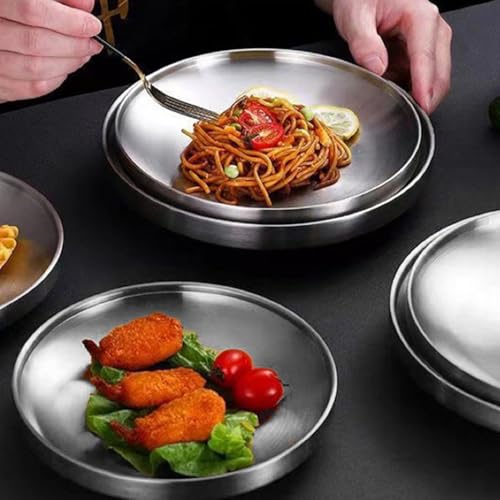 CAMBUY Stainless Steel Plates 6 Pcs Metal Double Layered Dinner Plates Unbreakable Dinner Dishes Set for Kitchen Home Camping Outdoor Party BBQ (7.5 inch) - Image 3