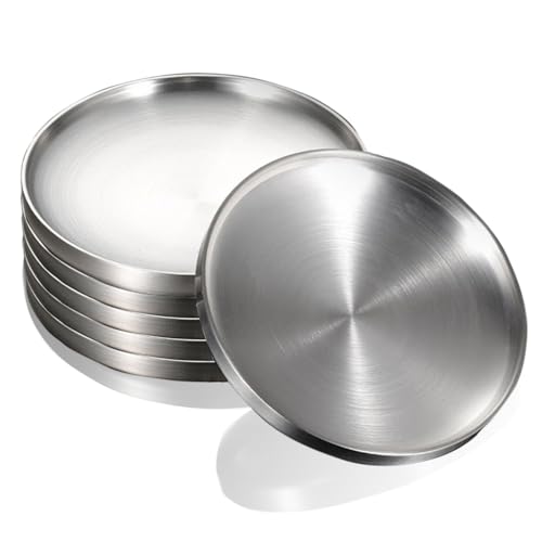CAMBUY Stainless Steel Plates 6 Pcs Metal Double Layered Dinner Plates Unbreakable Dinner Dishes Set for Kitchen Home Camping Outdoor Party BBQ (7.5 inch) - Image 1