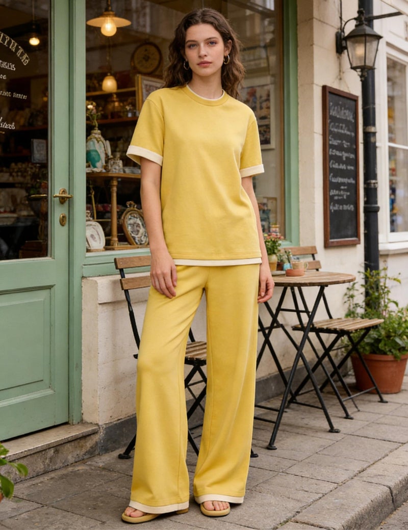 Tanming Women's 2 Piece Matching Lounge Set Short Sleeve Knit Pullover Tops Wide Leg Pants Tracksuits(Yellow-S) - Image 2