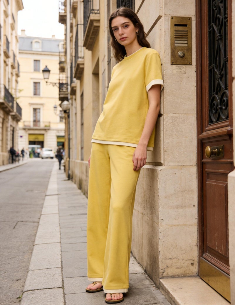 Tanming Women's 2 Piece Matching Lounge Set Short Sleeve Knit Pullover Tops Wide Leg Pants Tracksuits(Yellow-S) - Image 3
