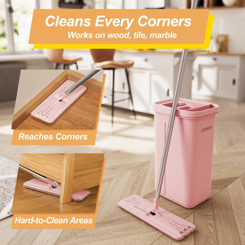 JOYMOOP Pink Mop and Bucket with Wringer Set for Home, with 3 Reusable Microfiber Mop Pads, Hands-Free Self-Cleaning System, Suitable for Floor Cleaning and Wall Cleaner - Image 4