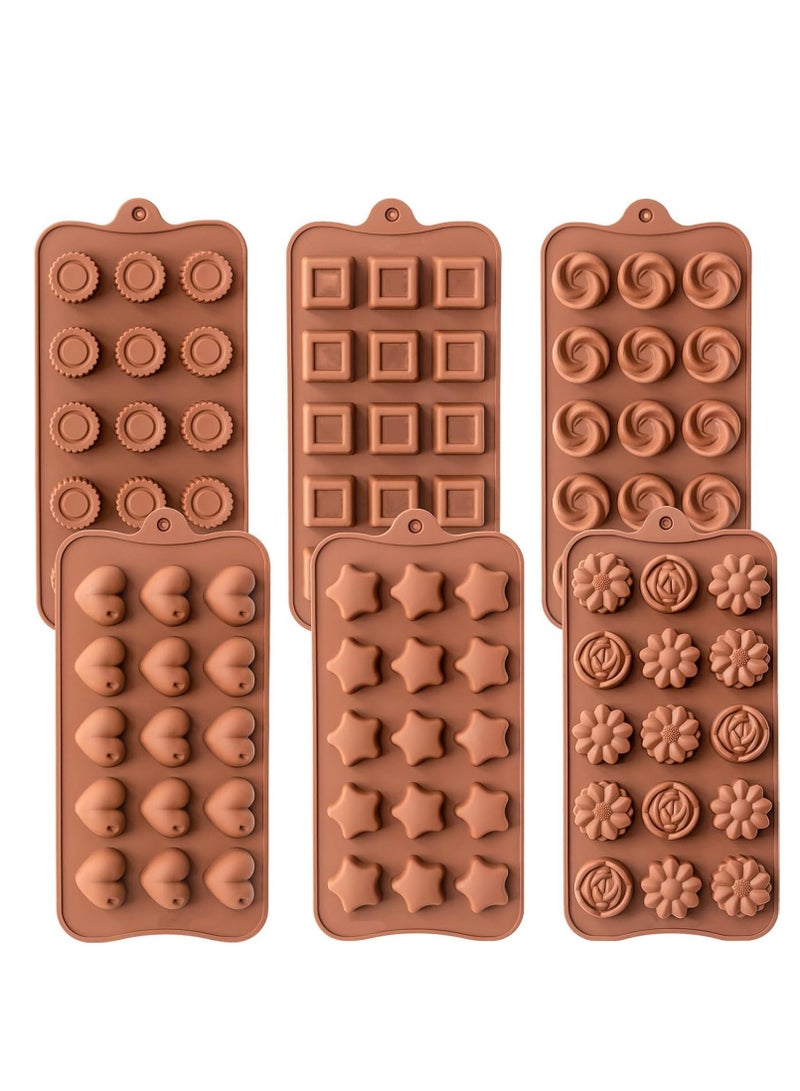 سيلكفكس قوالب الشوكولاتة السيليكون، 6 قطع 15-تجويف الحلوى العفن علب لتزيين كعكة الخبز، بني مختلف شكل العفن مكعب الثلج للشيكولاتة الحلوى الهيلي DIY، 21x10.5x1.5 سم / 8.26x4.13x0.59 بوصة - Image 1
