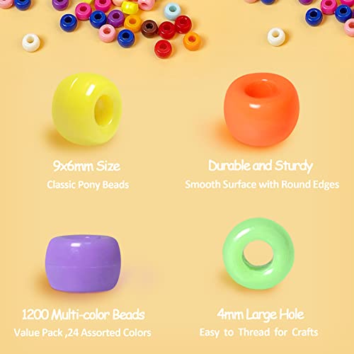 Simetufy 1200 Pcs Pony Beads Plastic Beads for Bracelet Making, Multi-Colored Beads for Hair Braiding, DIY Crafts, Kandi Jewelry, Key Chains and Ornaments Decorations 24 Assorted Colors - Image 3