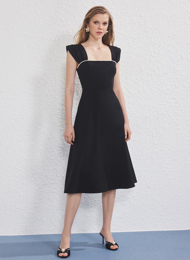 trendyol Black Pearl Detailed Waist Opening Woven Midi Evening Night Graduation Dress - Image 2