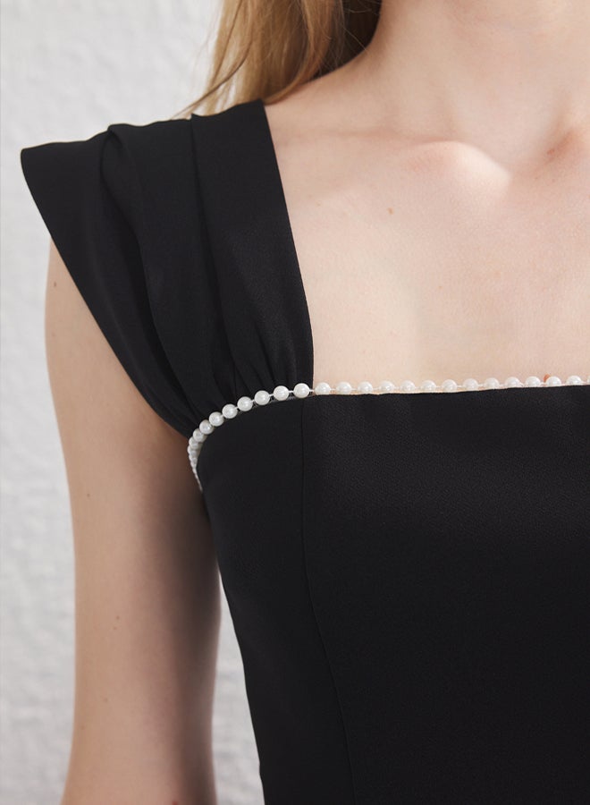 trendyol Black Pearl Detailed Waist Opening Woven Midi Evening Night Graduation Dress - Image 4