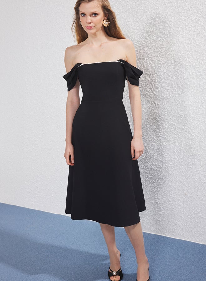 trendyol Black Pearl Detailed Waist Opening Woven Midi Evening Night Graduation Dress - Image 1