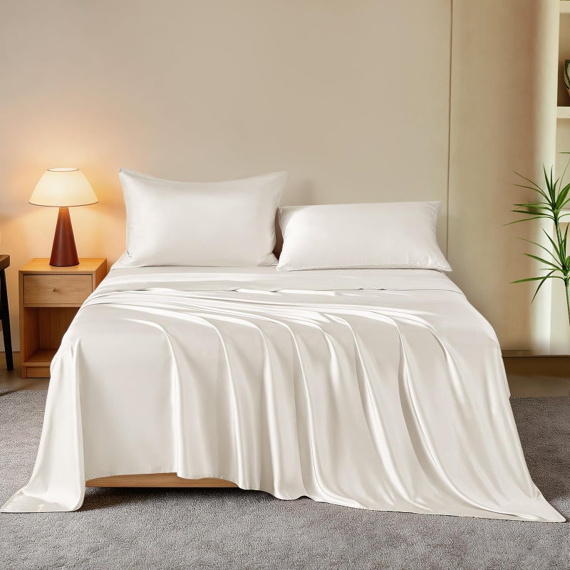 THXSILK Luxury Mulberry Silk Bed Sheets Set 4pcs Silk Sheets Set 16 Deep Pocket 1 Fitted Sheet 1 Flat Sheet 2 Pillowcases with Zipper Closure Queen White - Image 2