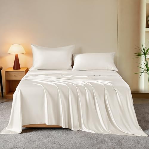 THXSILK Luxury Mulberry Silk Bed Sheets Set 4pcs Silk Sheets Set 16 Deep Pocket 1 Fitted Sheet 1 Flat Sheet 2 Pillowcases with Zipper Closure Queen White - Image 1