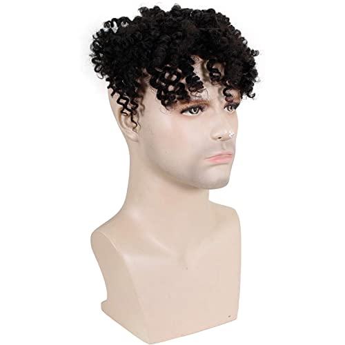 Voloria Toupee for Man Europen Human Hair Replacement Systems Men Hairpiece Mono Lace with PU Around Small Curly Wig (Natural Black Color, 10"x8") - Image 2
