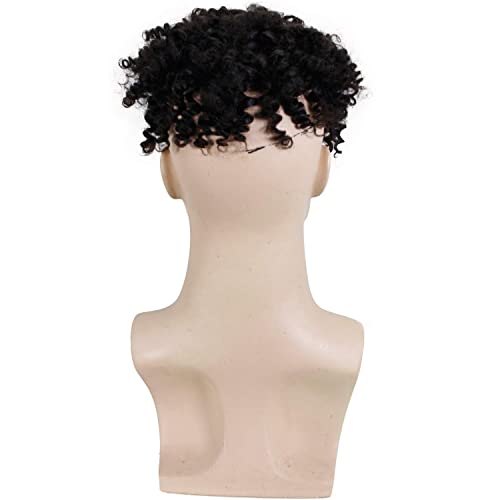 Voloria Toupee for Man Europen Human Hair Replacement Systems Men Hairpiece Mono Lace with PU Around Small Curly Wig (Natural Black Color, 10"x8") - Image 4