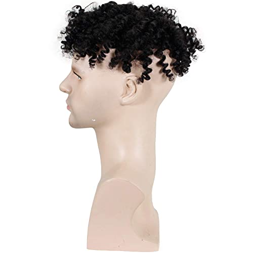 Voloria Toupee for Man Europen Human Hair Replacement Systems Men Hairpiece Mono Lace with PU Around Small Curly Wig (Natural Black Color, 10"x8") - Image 3