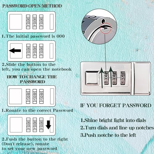 LXWHYP Diary with Lock, A5 Lockable Journal, PU Leather Combination Lock Diary, Lock Diary Planner Organizer for Men and Women, Office Product 8.6 x 5.9 in-Cyan - Image 3