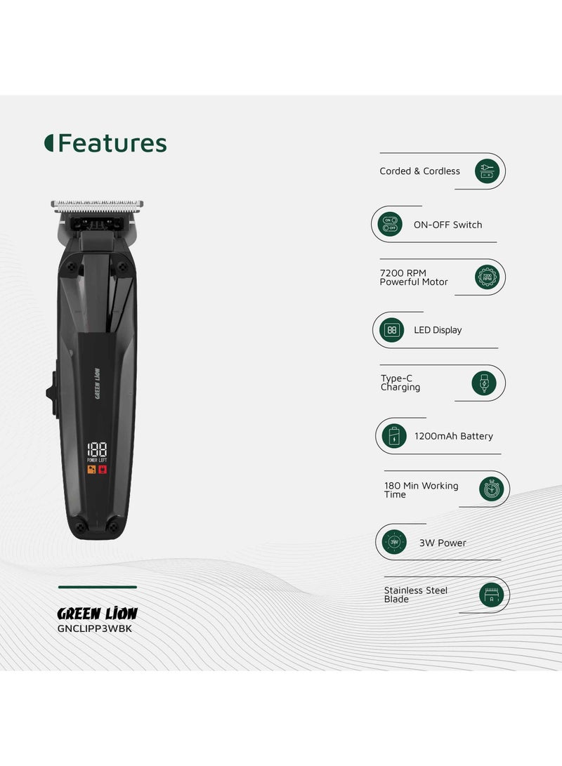 GREEN LION Clip Master the Professional Hair Clipper 3W with 7200 RPM Powerful Motor & Stainless-Steel Blade / 180 min Working Time / Corded & Cordless / On & Off Switch / LED Display / ABS + PC Material - Black - Image 2