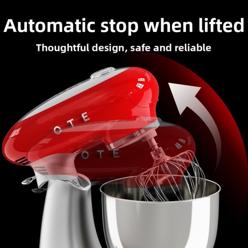 50'S Retro Style Stand Mixer With 11 Variable Speeds, 7 L Stainless Steel Bowl, Safety Lock When Mixing, Includes Wire Whisk, Flat Beater, Dough Hook, Cream, 1 Year Warranty - Image 5
