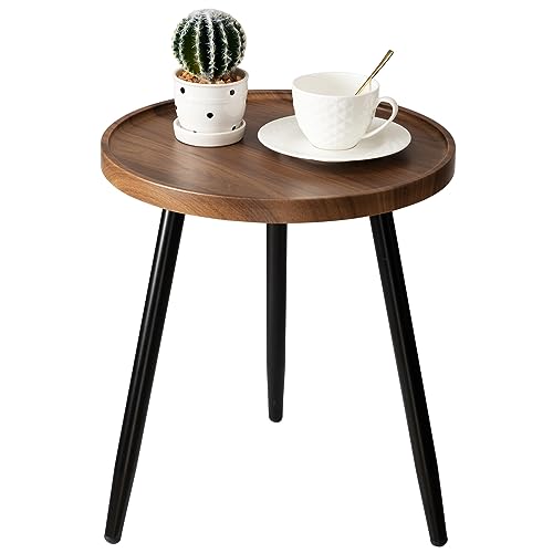 danpinera Round Side Table Metal Legged Accent Table with Wooden Tray Small Round End Table for Living Room Bedroom Nursery Brown Black