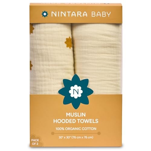 NINTARABABY Hooded Towel - 100% Organic Premium Muslin Cotton, 30" x 30" (76 cm x 76 cm), Ultra-Absorbent, Soft, Breathable, Hypoallergenic, Multipurpose, Gifts for Babies & Infants, Pack of 2 - Image 1