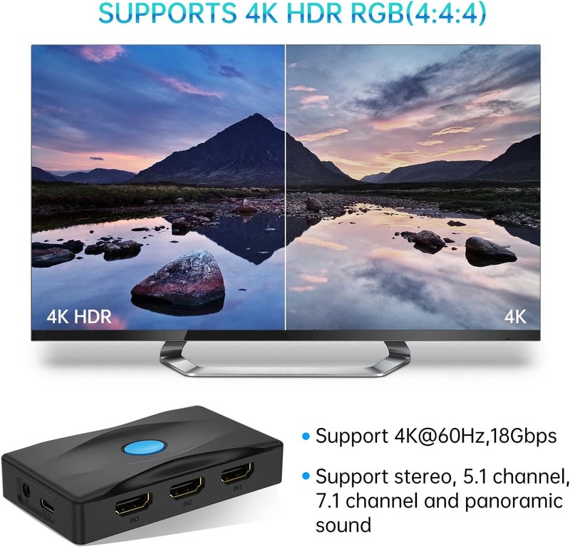 Yinker HDMI Switch 4K@60Hz 3 Port , HDMI Switch 3 in 1 Out w/ IR Remote & HDMI Cable, 4K Switcher Selector Supports HDCP2.2, HDR, Auto Scan for Fire Stick 4K, HDTV, PS4/5, Game Consoles, PC - Image 3