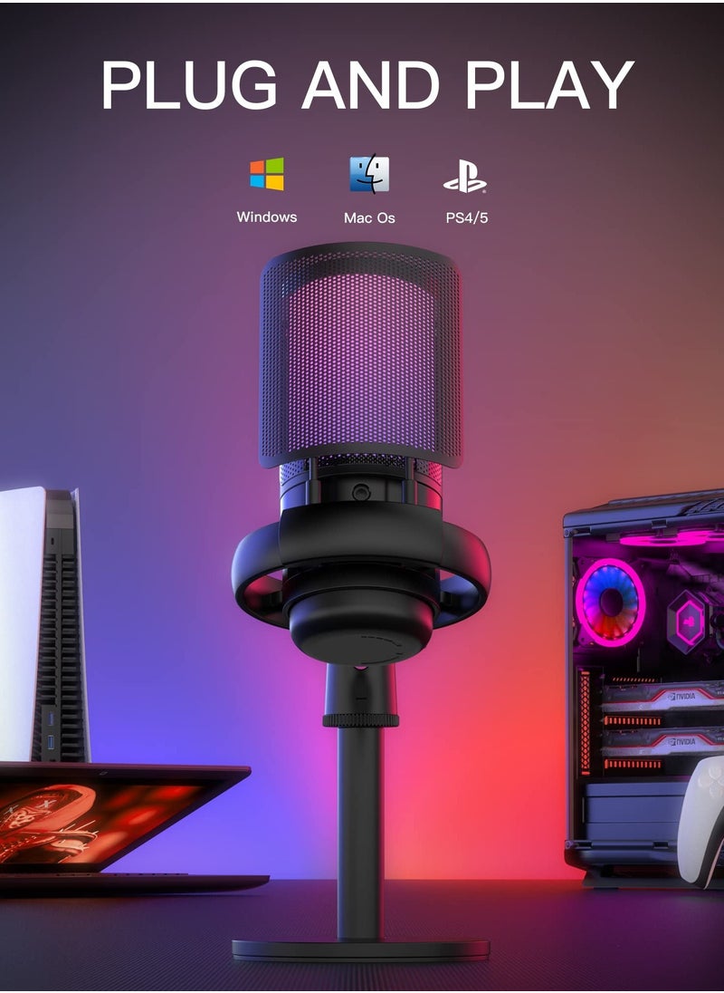 Joshberg - Gaming Microphone, USB PC Mic for Podcasts Videos, Streaming, Condenser Mic with Quick Mute, Tripod Stand, Pop Filter, RGB Indicator, Shock Mount, Rotate gain button, Compatible with PS4/5/PC - Image 1