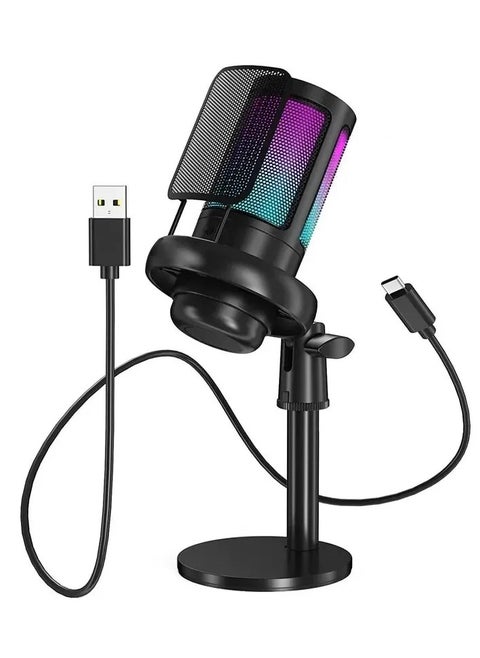 Gaming Microphone, USB PC Mic for Podcasts Videos, Streaming, Condenser Mic with Quick Mute, Tripod Stand, Pop Filter, RGB Indicator, Shock Mount, Rotate gain button, Compatible with PS4/5/PC