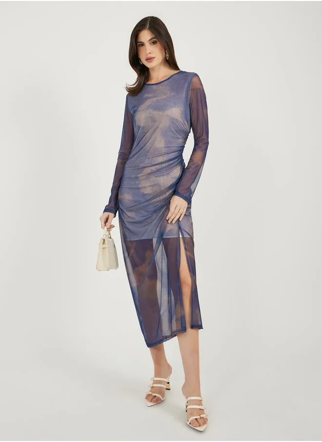 Styli Tie and Dye Print Long Sleeves Bodycon Midi Dress