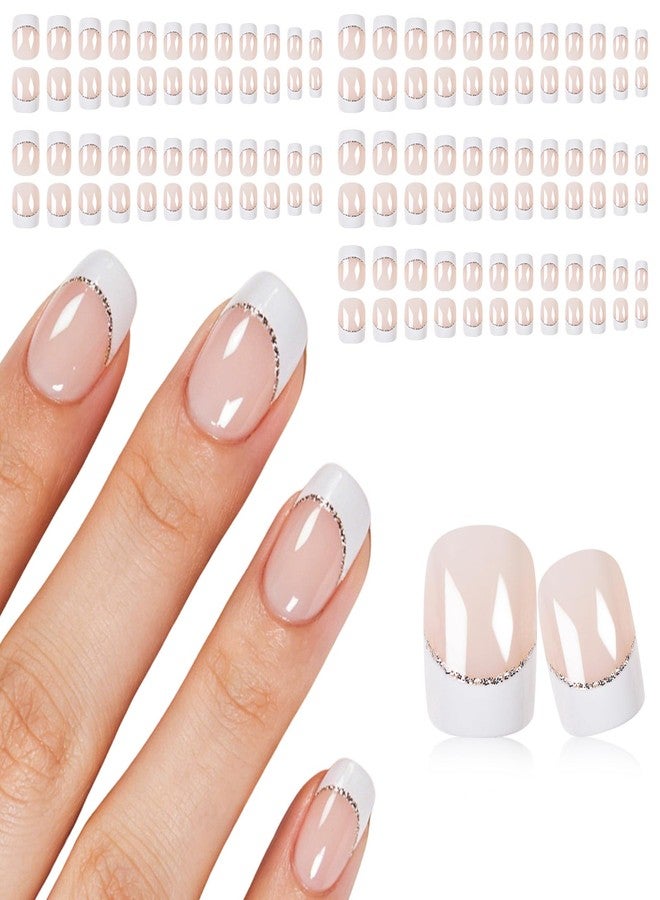IKISKT 120Pcs 5 Pack Pink White Shimmer Glitter Acrylic Fake Nails Press on Full Cover IKISKT Classic French Color Short False Nail Art Kits Sets Great Christmas Gift for Women Kids Children Young Girls - Image 1
