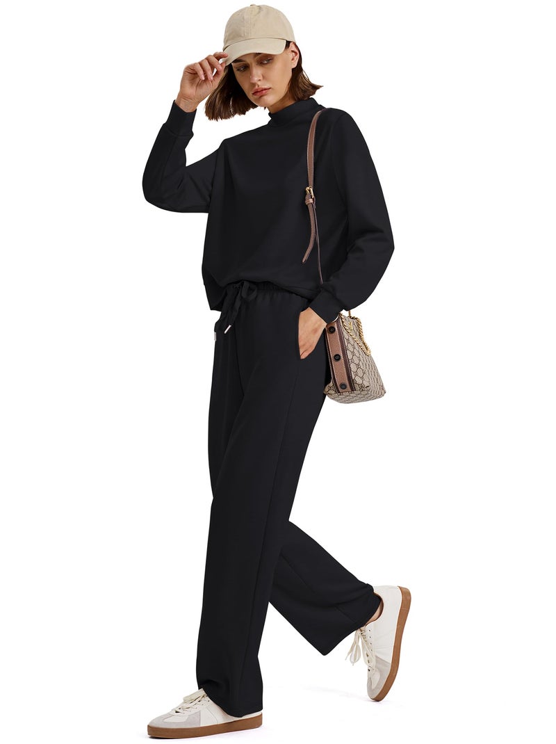 Sampeel 2 Piece Set for Women Fall Fashion 2026 Cruise Travel Outfits Winter Old Money Clothes Trendy Lounge Sets Matching Sets Wide Leg Pants Set Mock Neck Airport Sweat Set Black XS - Image 3