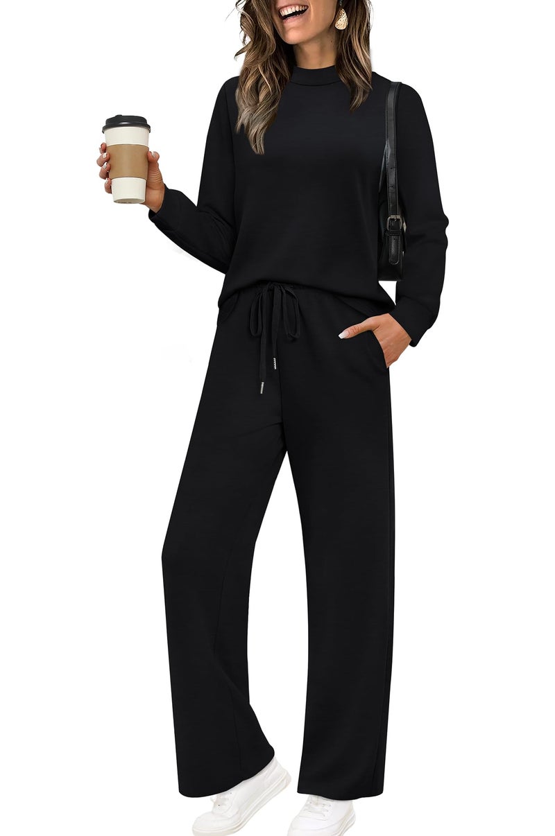 Sampeel 2 Piece Set for Women Fall Fashion 2026 Cruise Travel Outfits Winter Old Money Clothes Trendy Lounge Sets Matching Sets Wide Leg Pants Set Mock Neck Airport Sweat Set Black XS - Image 1