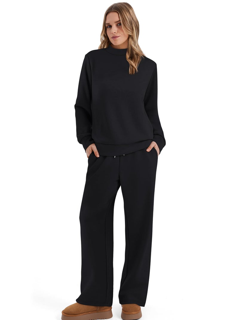 Sampeel 2 Piece Set for Women Fall Fashion 2026 Cruise Travel Outfits Winter Old Money Clothes Trendy Lounge Sets Matching Sets Wide Leg Pants Set Mock Neck Airport Sweat Set Black XS - Image 4