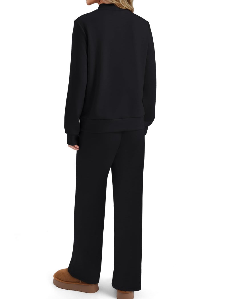 Sampeel 2 Piece Set for Women Fall Fashion 2026 Cruise Travel Outfits Winter Old Money Clothes Trendy Lounge Sets Matching Sets Wide Leg Pants Set Mock Neck Airport Sweat Set Black XS - Image 5