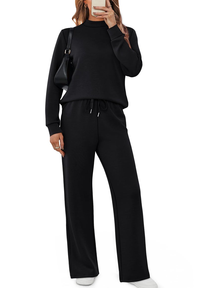 Sampeel 2 Piece Set for Women Fall Fashion 2026 Cruise Travel Outfits Winter Old Money Clothes Trendy Lounge Sets Matching Sets Wide Leg Pants Set Mock Neck Airport Sweat Set Black XS - Image 2