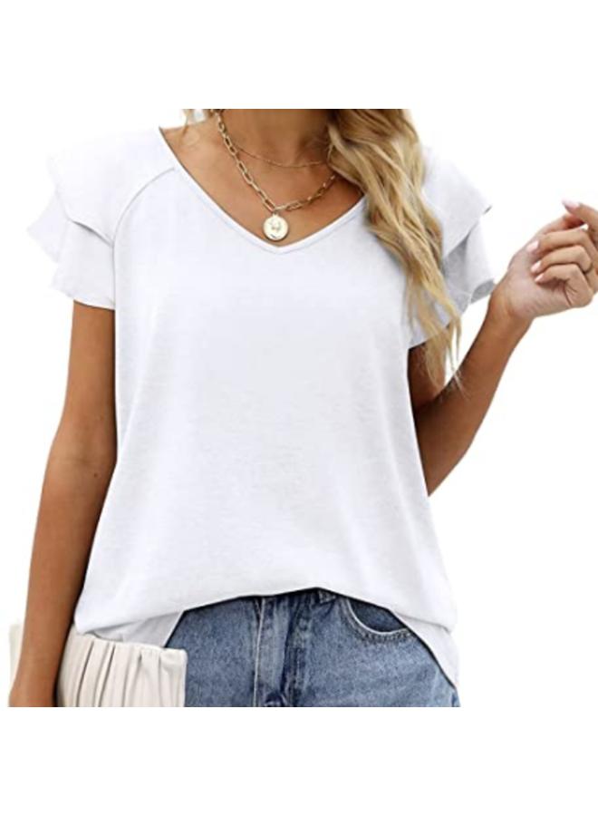 New European And American Women's Top V-neck Double-layer Lotus Leaf Short-sleeved Women's T-shirt