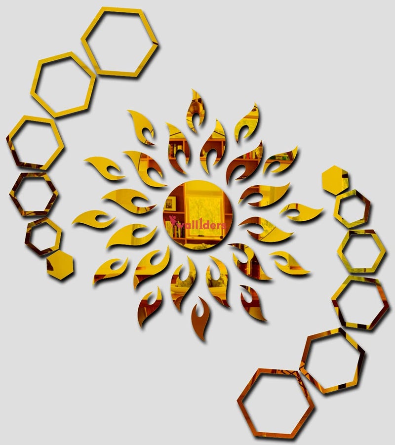 Wall1ders Wall1ders Sun Golden with Hexagon Ring 2 Set Golden Sun Size 45 cm x 45 cm Mirror Stickers for Wall Acrylic Stickers wall mirror stickers wall stickers for bedroom hall Home Offices Acrylic Stickers wall stickers for bedroom hall Home Offices