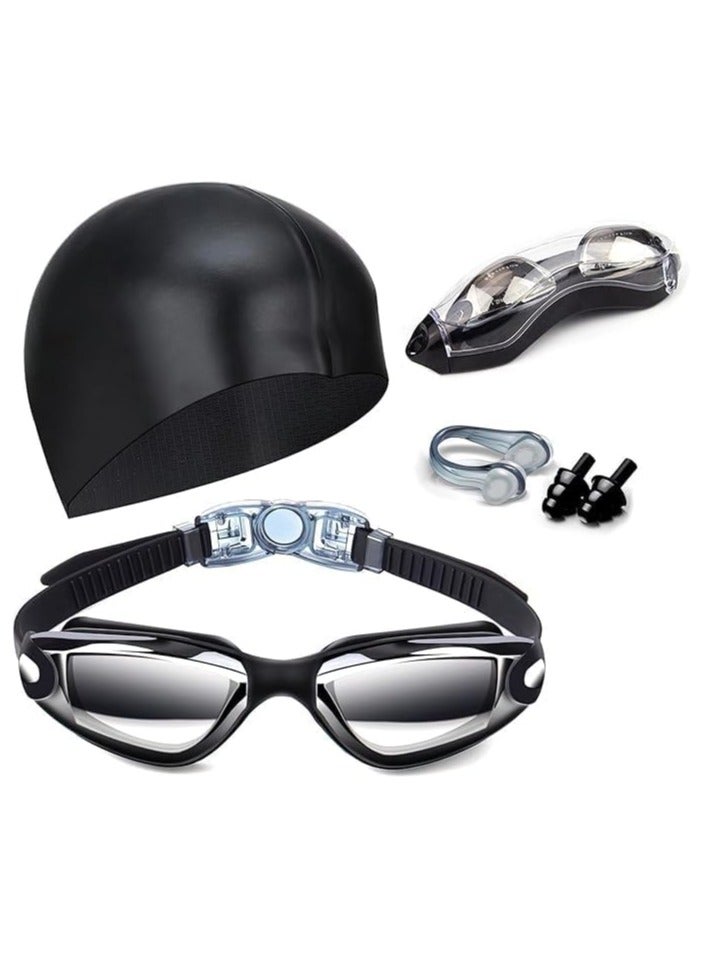 Black Swimming Goggles & Silicone Swim Cap Set for Adults | Clear Anti-Fog UV Protection Lenses | Waterproof Goggles with Nose Clip & Earplugs