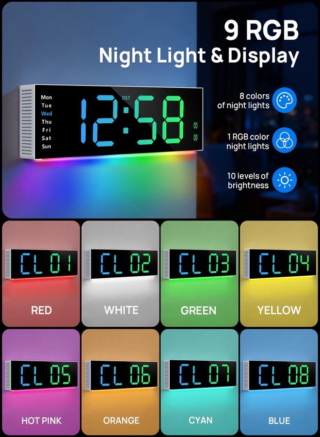 MASHI 12" Large Digital Wall Mount Clock, Digital Clock with Remote Control, Alarm, Big LED, RGB Color, DST, Temperature for Living Room Office Desk, Bedroom, Decor, for Elderly - Image 4