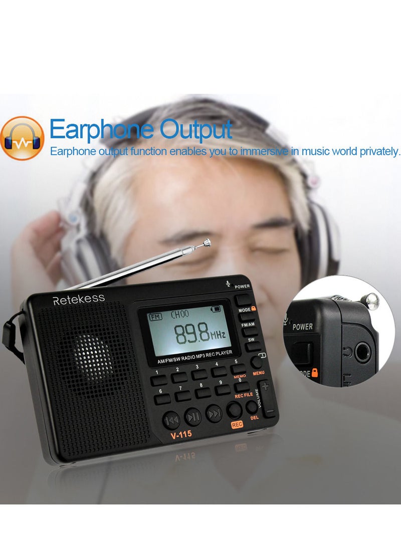 Retekess - FM/AM/SW Radio Multiband Radio Receiver REC Recorder Bass Sound MP3 Player Speakers with Sleep Timer Black - Image 1