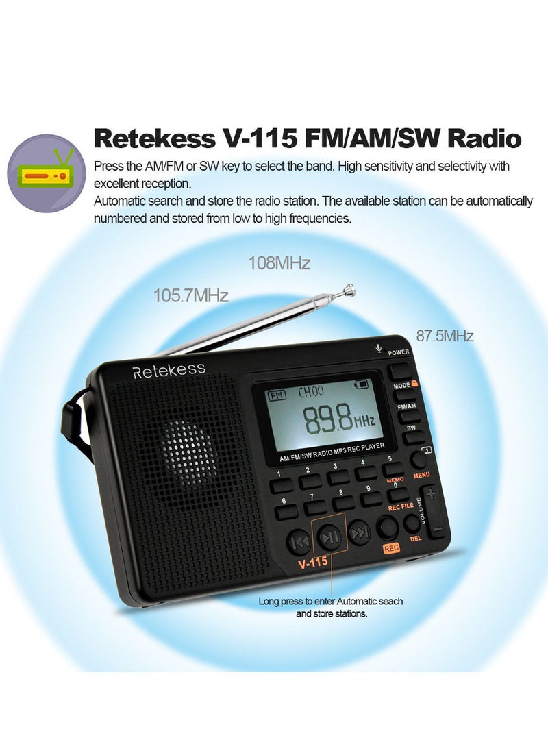 Retekess - FM/AM/SW Radio Multiband Radio Receiver REC Recorder Bass Sound MP3 Player Speakers with Sleep Timer Black - Image 1