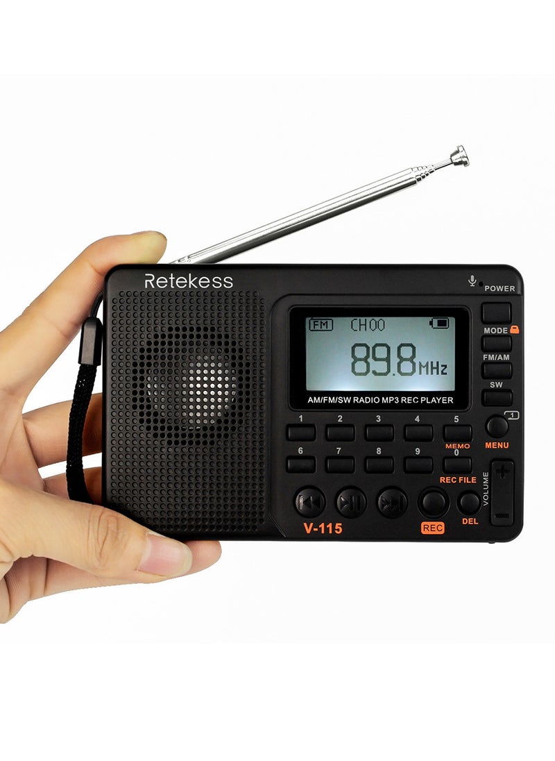 Retekess - FM/AM/SW Radio Multiband Radio Receiver REC Recorder Bass Sound MP3 Player Speakers with Sleep Timer Black - Image 1