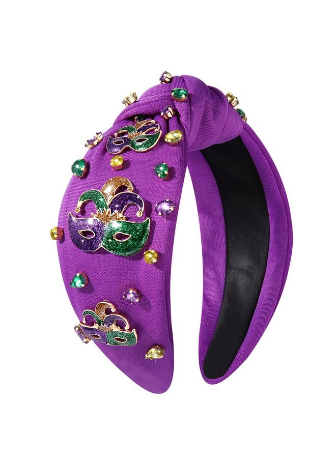 CEALXHENY - Mardi Gras Headband For Women Fleur De Lis Crown Mask Headband Purple Jeweled Rhinestone Pearl Top Knot Headband Carnival Mardi Gras Accessories Parade Party Favors Gifts (Mask 3 Purple) - Image 1