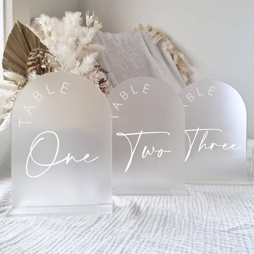 JINMURY Frosted Arch Wedding Table Numbers 120 with Stands 5x7 Inch Frosted Arch Acrylic Sign with White Letters Arched Acrylic Table Numbers for Wedding Reception - Image 1