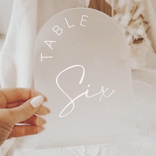 JINMURY Frosted Arch Wedding Table Numbers 120 with Stands 5x7 Inch Frosted Arch Acrylic Sign with White Letters Arched Acrylic Table Numbers for Wedding Reception - Image 3