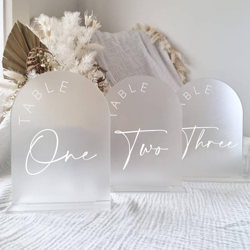 JINMURY Frosted Arch Wedding Table Numbers 120 with Stands 5x7 Inch Frosted Arch Acrylic Sign with White Letters Arched Acrylic Table Numbers for Wedding Reception - Image 2