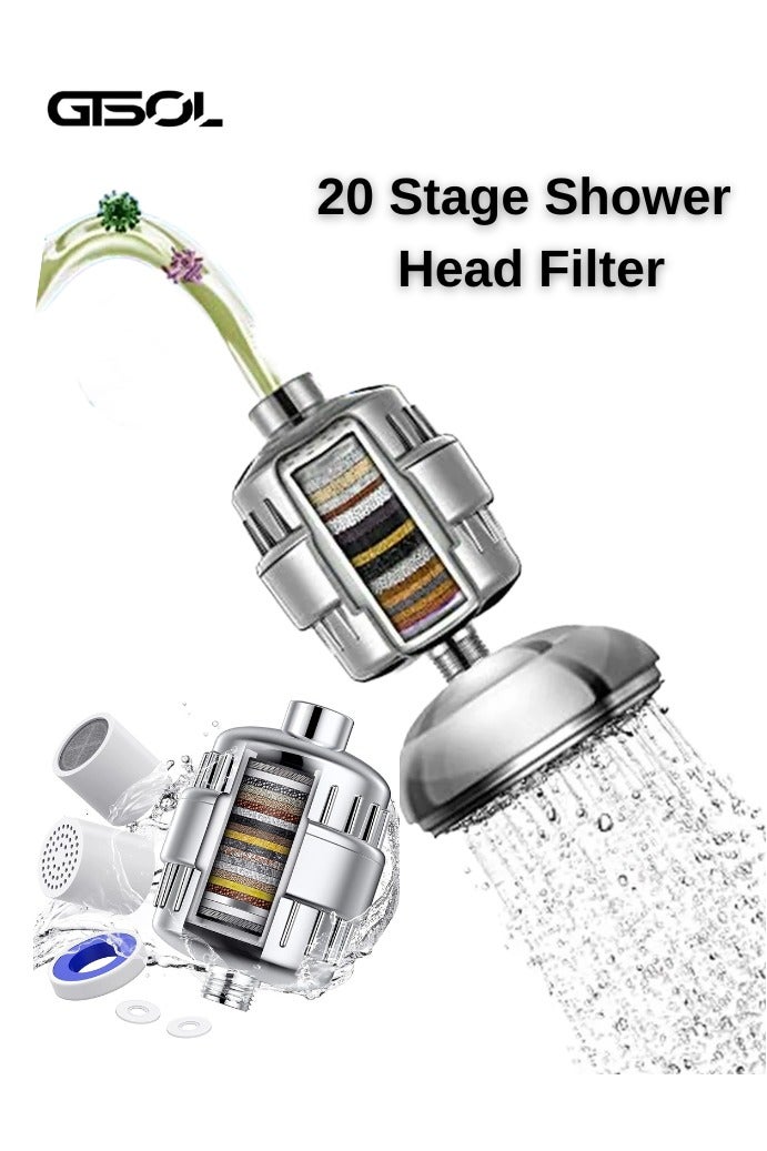 GTSOL 20‑Stage High‑Output Shower Filter with Vitamin C & 2 Cartridges – Removes Chlorine, Fluoride & Hard Water – Universal Fit, Skin & Hair Friendly – Polished Chrome Finish - Image 1
