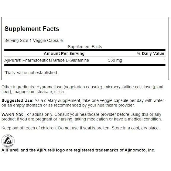 Swanson Amino Acid Ajipure L-Glutamine Pharmaceutical Grade 500 Milligrams 60 Veg Capsules - Image 2